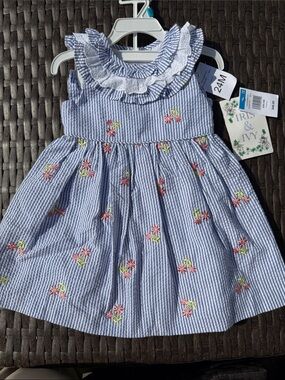 NWT iris & ivy Seersucker Dress with Pink Floral Embroidery